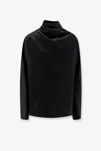 Toteme women’s black long-sleeved cowl neck shirt made of smooth viscose and linen fabric with structured collar