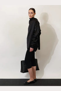 Toteme women’s black satin blouse with high collar loose flowing sleeves made from viscose and linen blend