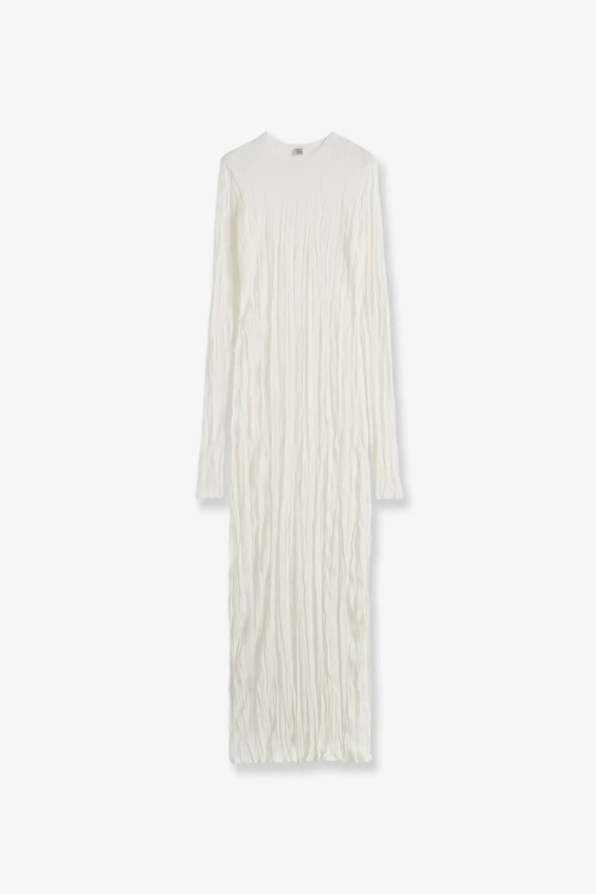 Toteme women’s white long-sleeved pleated maxi dress made from crinkled viscose and recycled material with high neckline