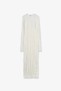 Toteme women’s white long-sleeved pleated maxi dress made from crinkled viscose and recycled material with high neckline