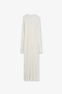 Toteme women’s off-white long pleated dress with fitted silhouette and full-length sleeves made of crinkled viscose and recycled material