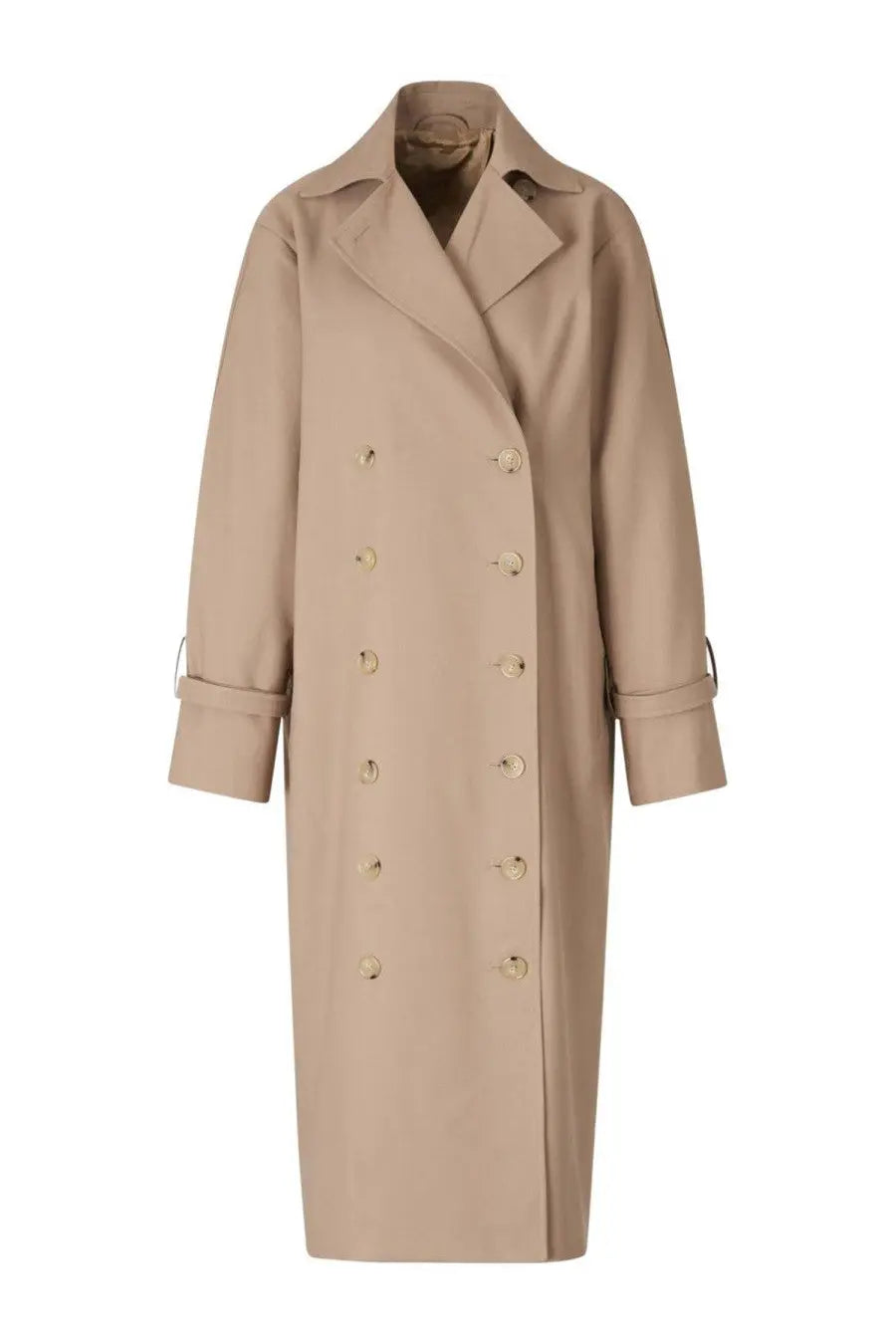 Beige double-breasted cotton trench coat by Toteme with classic collar and matching buttons for women