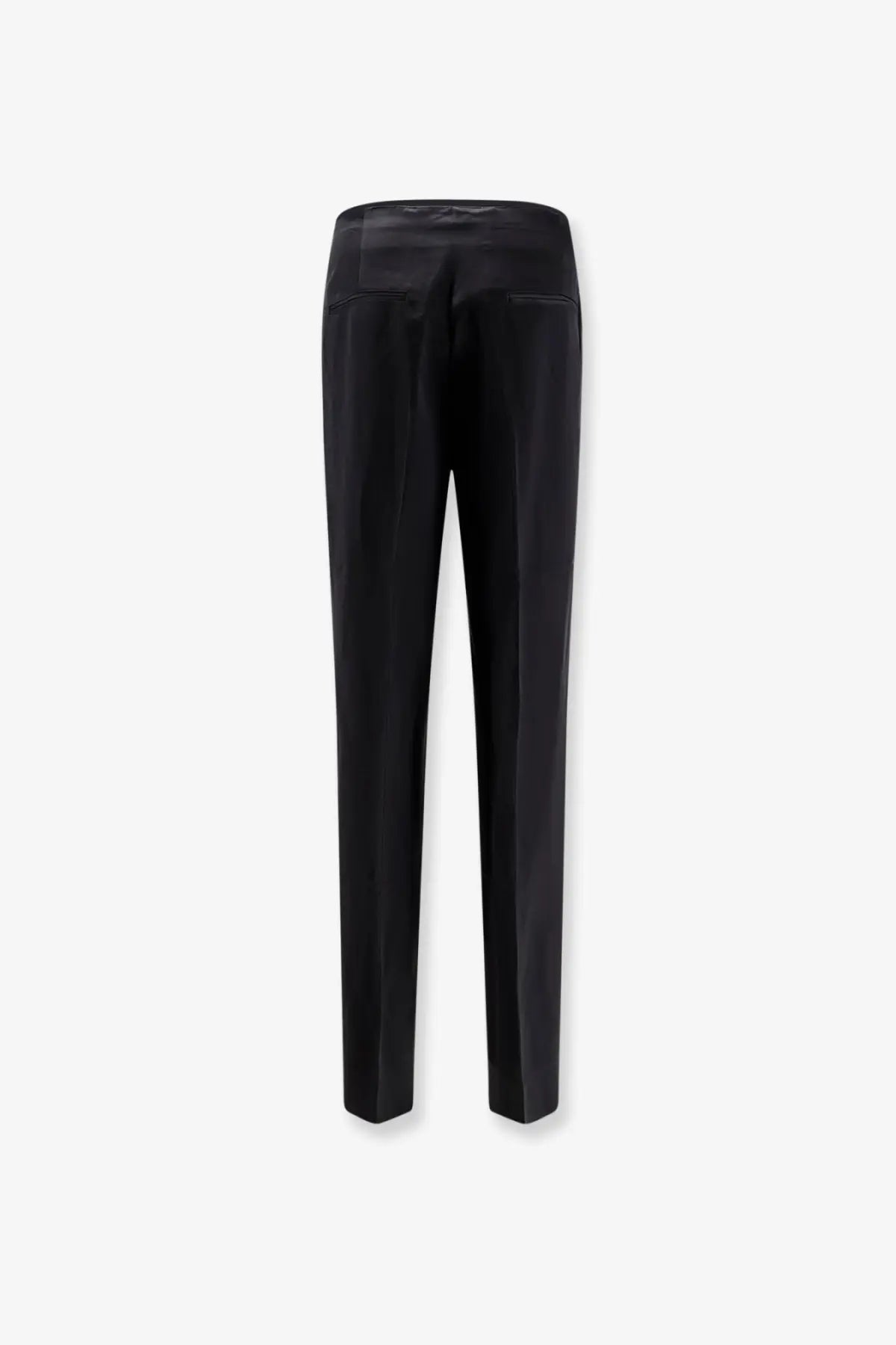 Toteme women’s easy raw edge black trousers in satin finish viscose and linen with straight-leg cut and subtle stitching