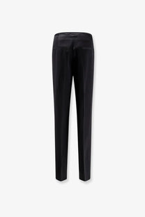 Toteme women’s easy raw edge black trousers in satin finish viscose and linen with straight-leg cut and subtle stitching