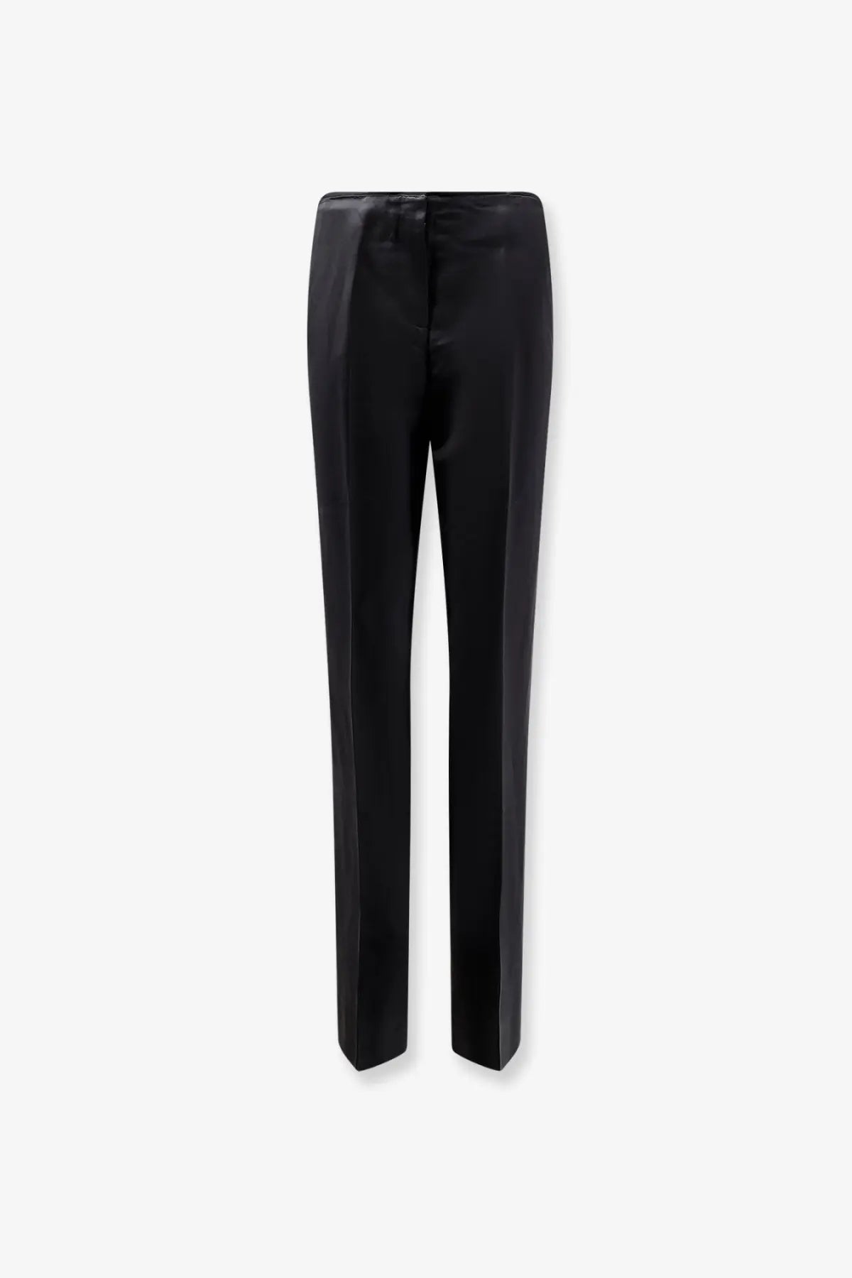 Toteme women’s easy raw edge black satin trousers with straight-leg cut and subtle front creasing in viscose and linen
