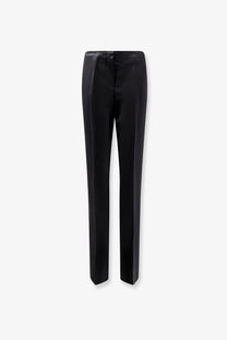 Toteme women’s easy raw edge black satin trousers with straight-leg cut and subtle front creasing in viscose and linen