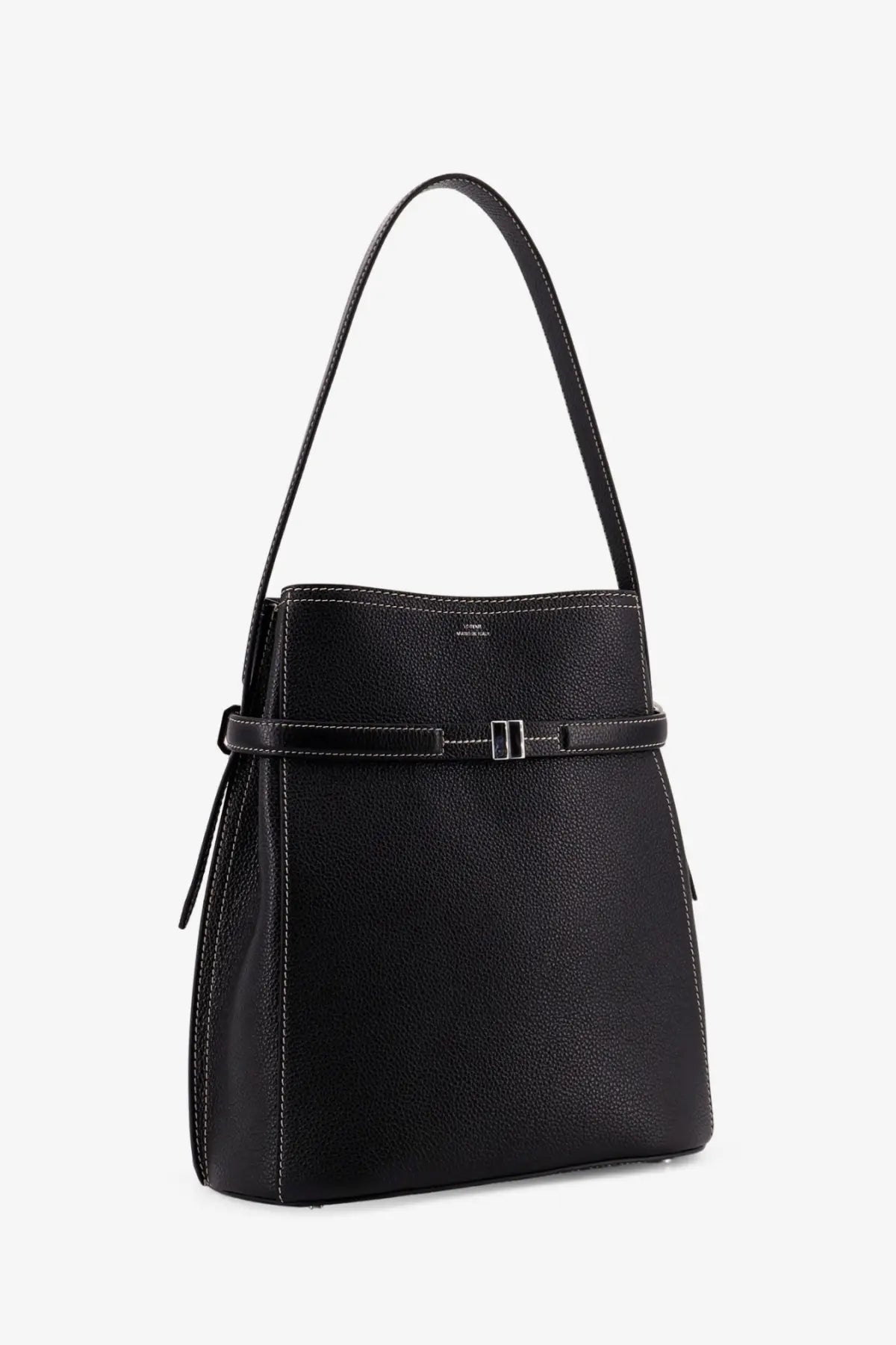 Toteme women’s hammered black pebbled leather bucket bag with silver-toned buckle and matching strap