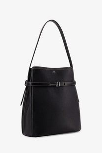 Toteme women’s hammered black pebbled leather bucket bag with silver-toned buckle and matching strap