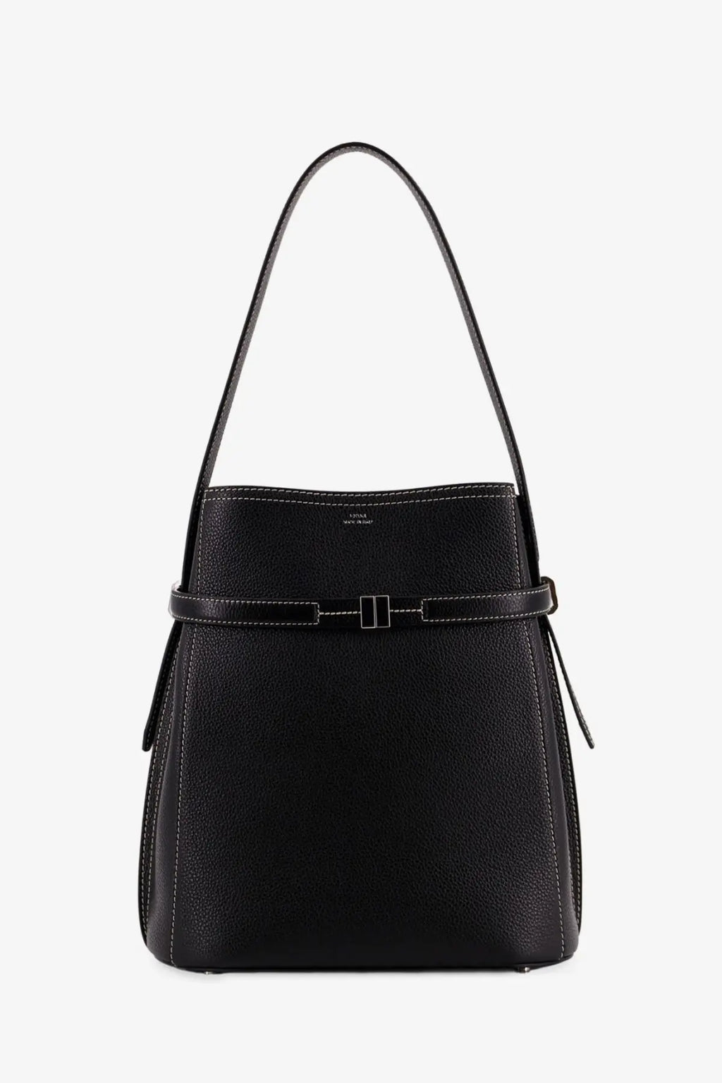 Toteme women’s hammered black leather bucket bag with pebbled texture silver buckle and white stitching detailing