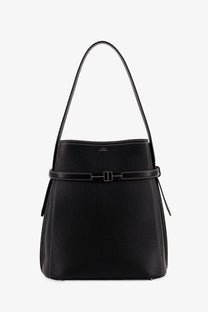 Toteme women’s hammered black leather bucket bag with pebbled texture silver buckle and white stitching detailing