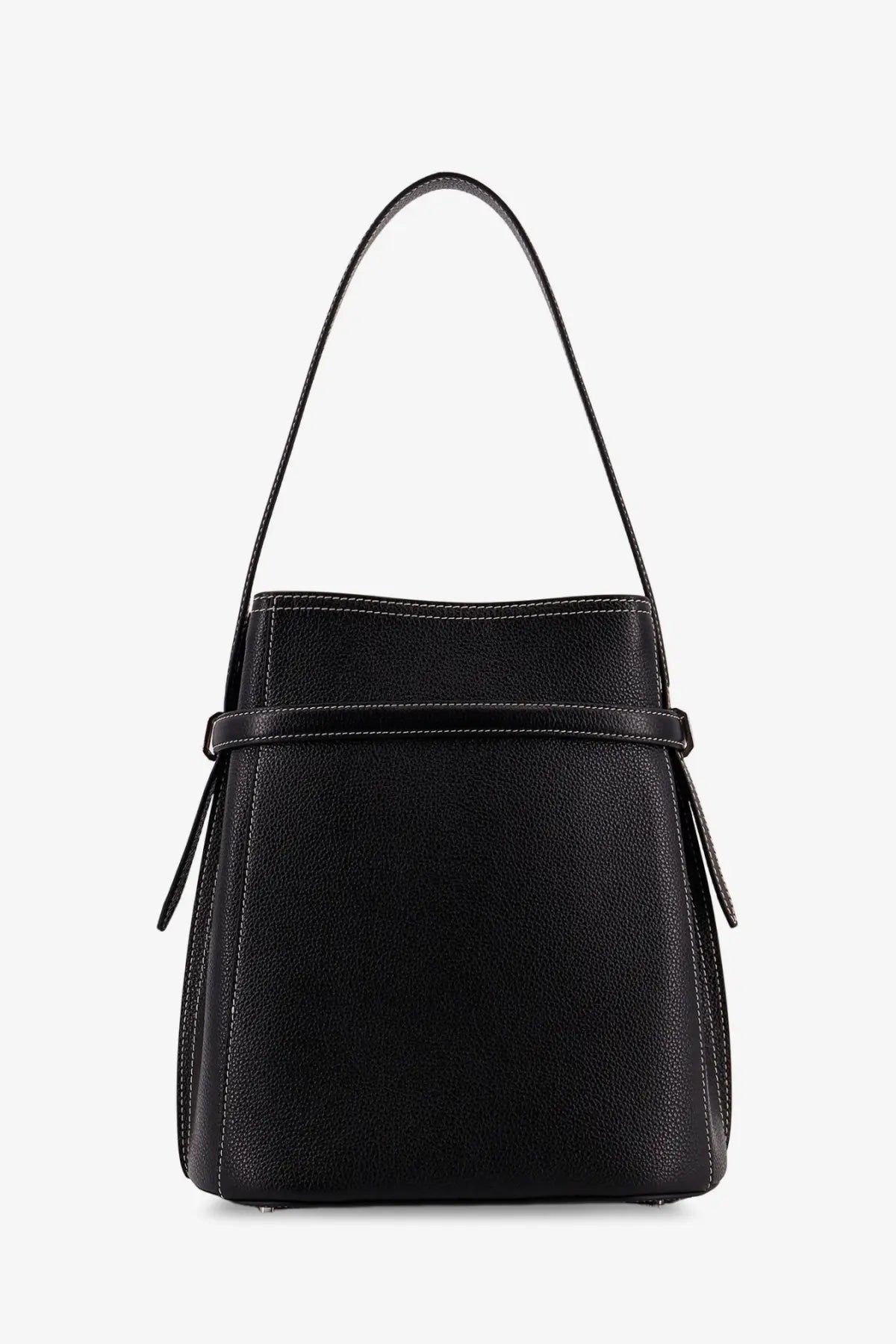 Toteme women’s hammered leather bucket bag in black with textured leather, single shoulder strap, and white stitching
