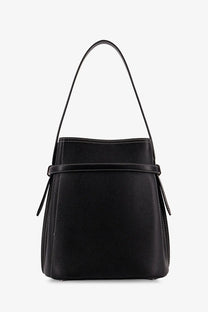Toteme women’s hammered leather bucket bag in black with textured leather, single shoulder strap, and white stitching