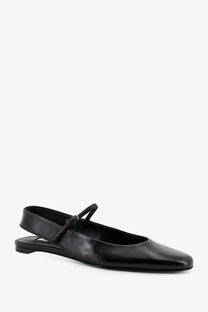 Toteme women’s black leather mary jane flat shoe with sleek minimalist design and thin strap across the instep