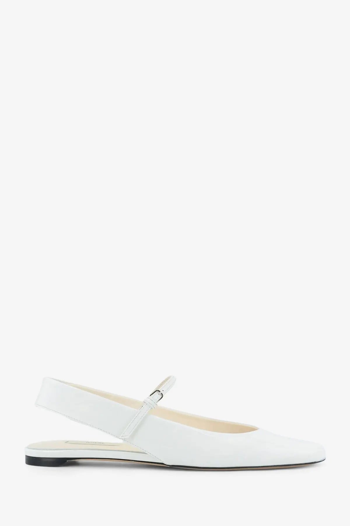 Toteme women’s leather ballet flats in white patent leather with a minimalist design and black sole flat sandal