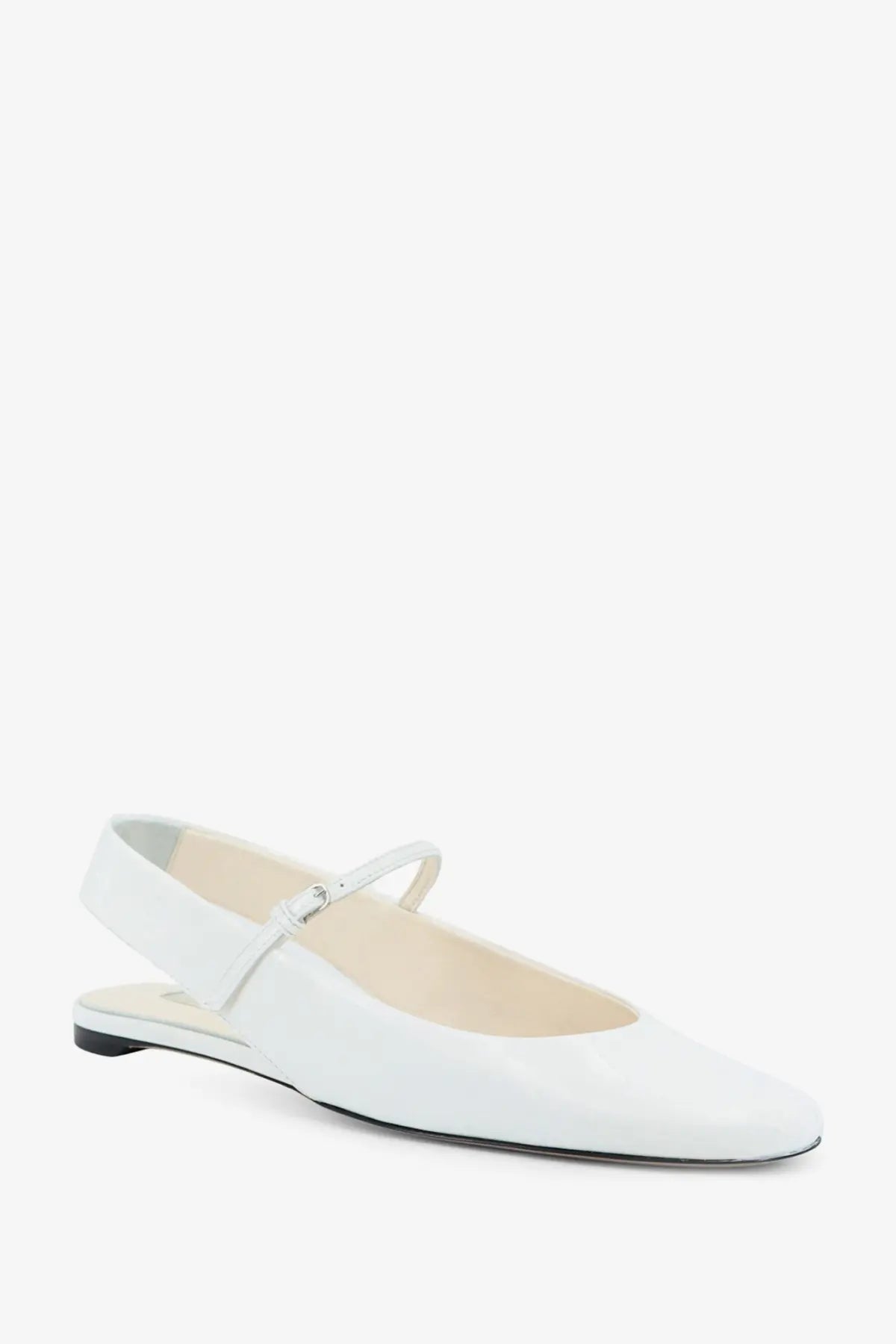 Toteme women’s white patent leather mary jane flats with sleek minimalist design and small silver buckle
