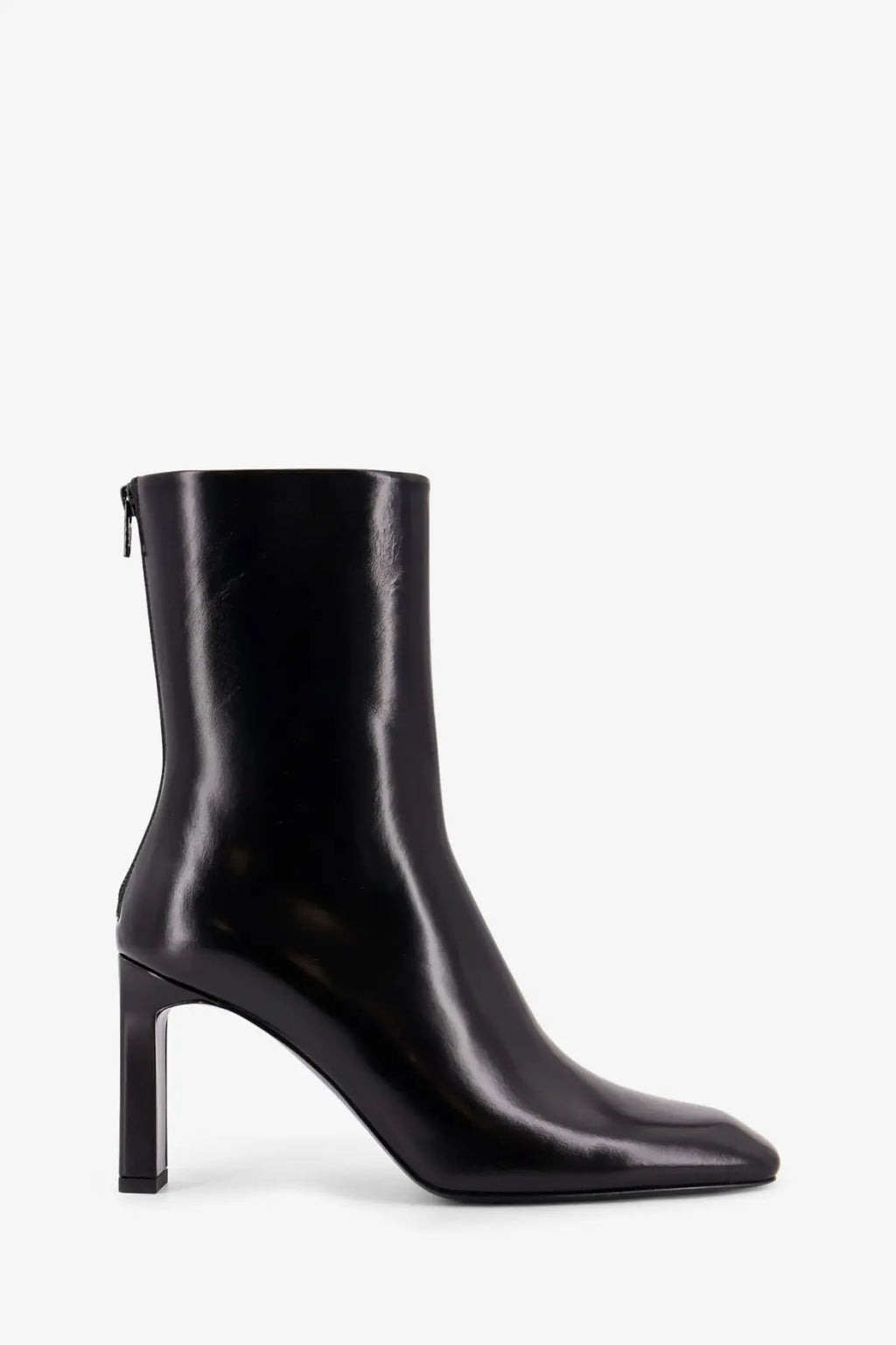 Toteme women’s black leather ankle boot with sleek square toe and block heel in patent leather finish