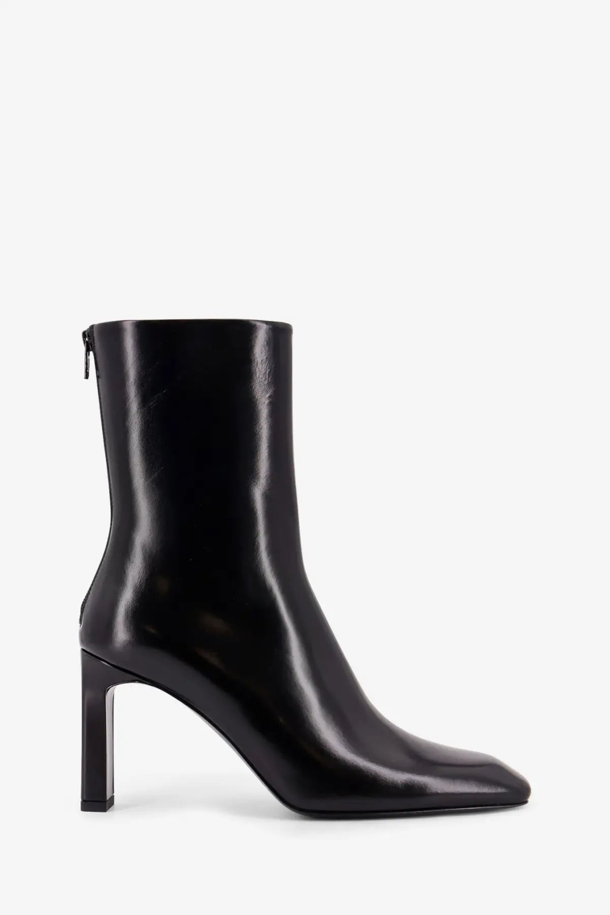Toteme women’s black leather ankle boot with sleek square toe and block heel in patent leather finish
