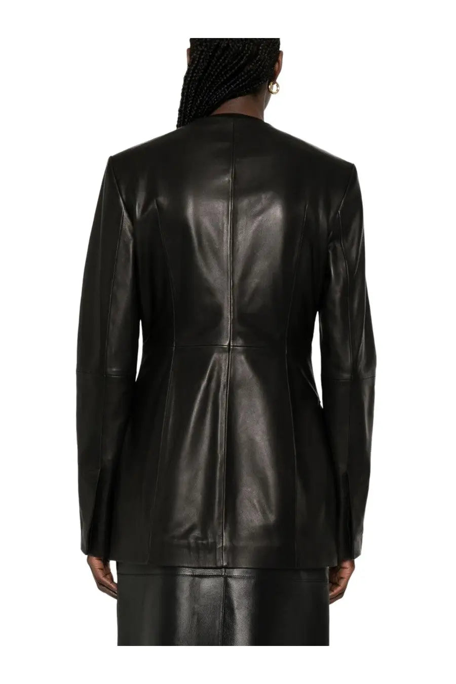 Toteme women’s black leather blazer with a sleek structured design and subtle sheen