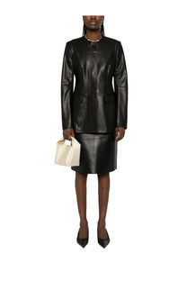 Toteme women’s black leather blazer with structured tailored fit and subtle vertical seam detailing