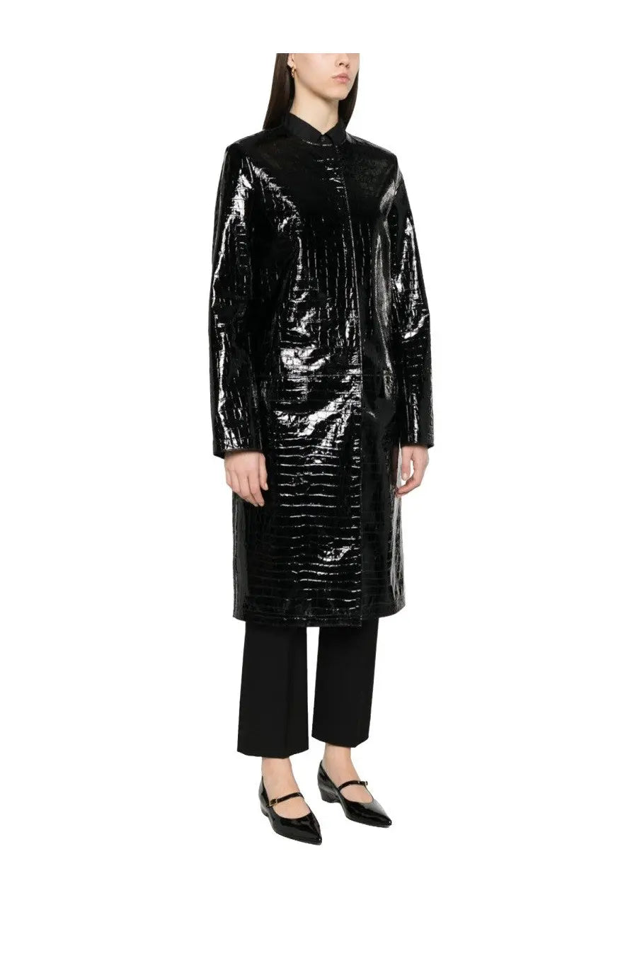 Toteme women’s black leather jacket with glossy crocodile embossing showing back side details
