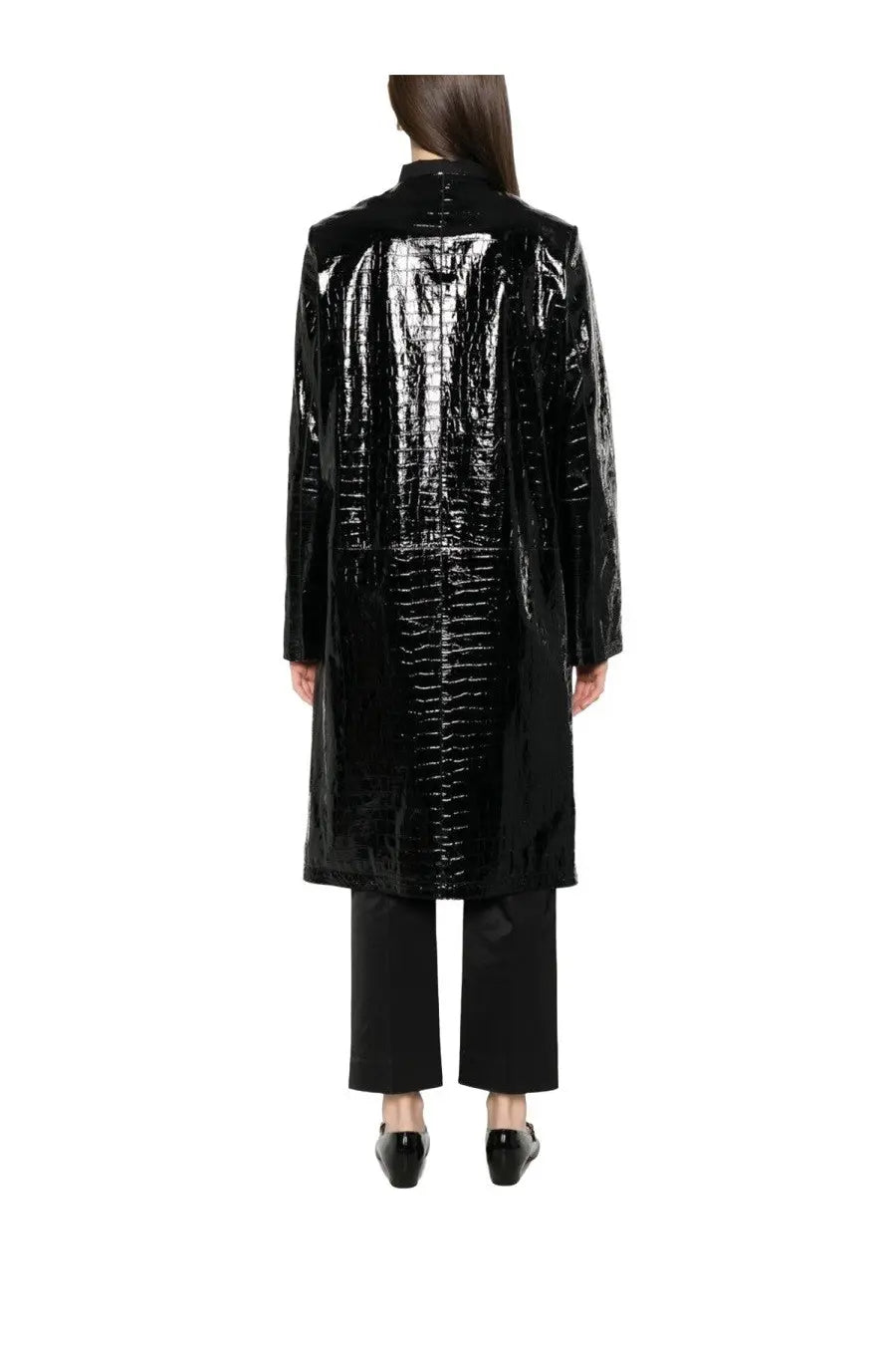 Toteme women’s black leather jacket with black glossy crocodile-embossed texture shown from the back side