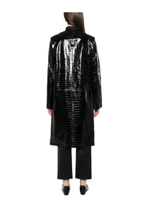 Toteme women’s black leather jacket with black glossy crocodile-embossed texture shown from the back side