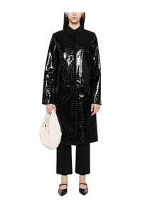 Toteme women’s black leather jacket with glossy crocodile-embossed trench coat design shown from the back