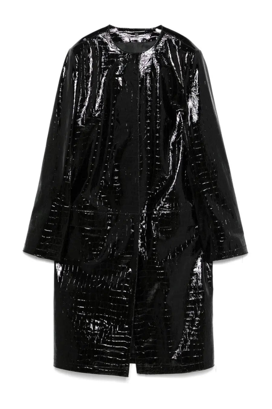 Toteme women’s black leather jacket with glossy crocodile-skin texture and sleek minimalist design