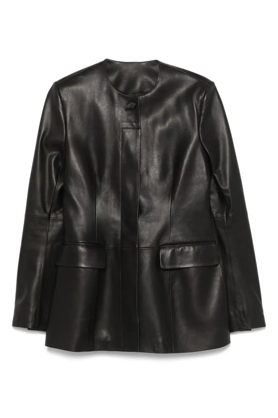 Toteme women’s black leather jacket with sleek minimalist design and two front flap pockets