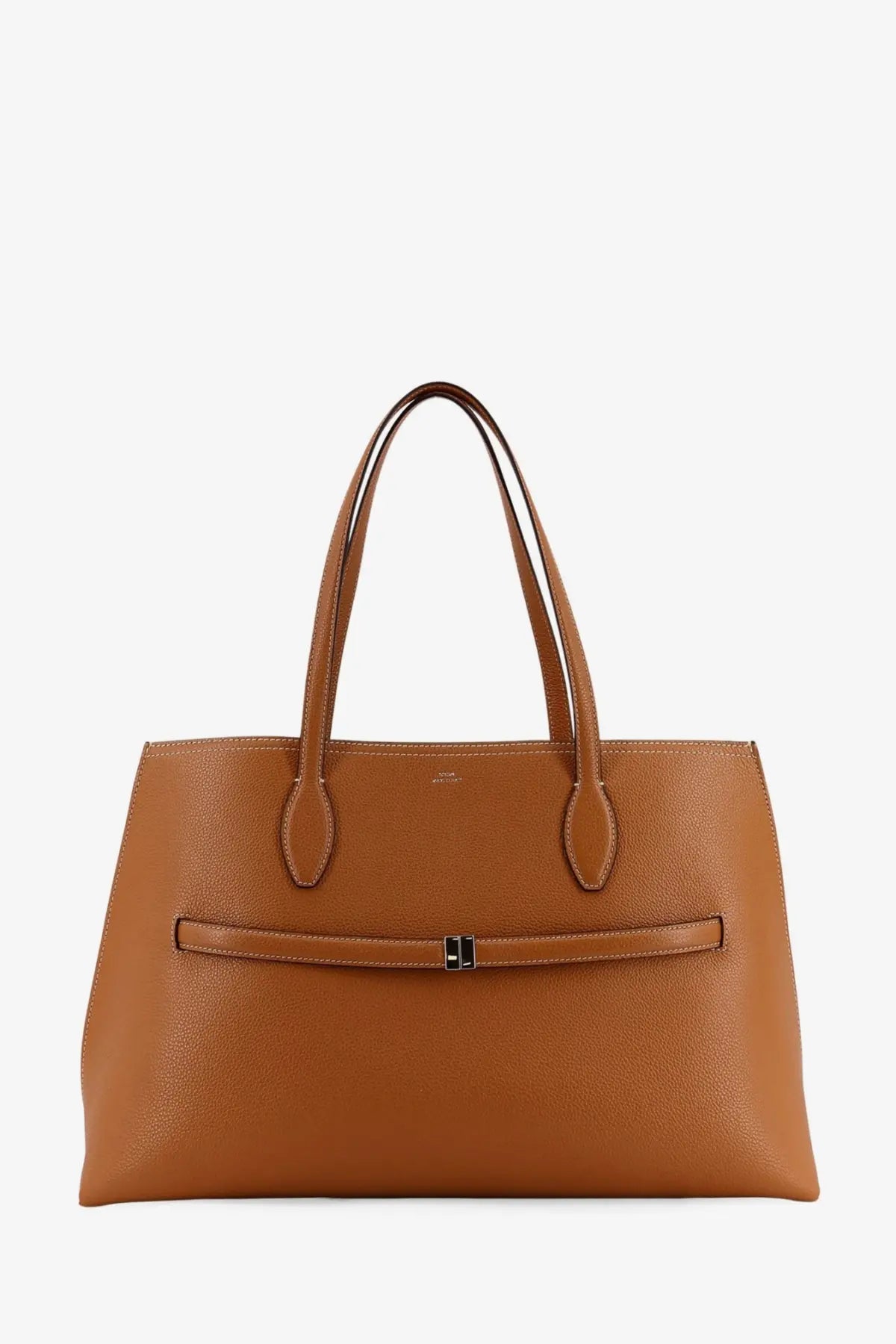 Tan pebbled leather tote bag with central metallic clasp and matching handles from Toteme womens leather shoulder bag beige