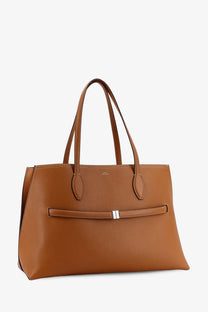 Tan leather tote bag by Toteme with structured shape and top handle straps in beige for women