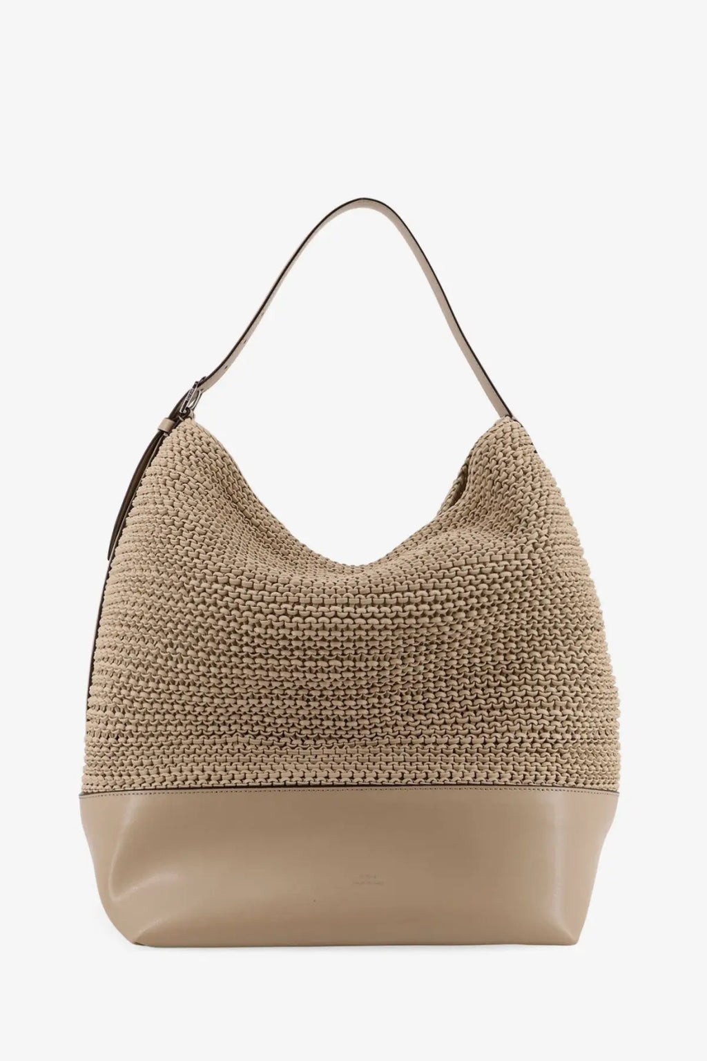 Beige woven straw shoulder bag with smooth leather base and handle by Toteme for women