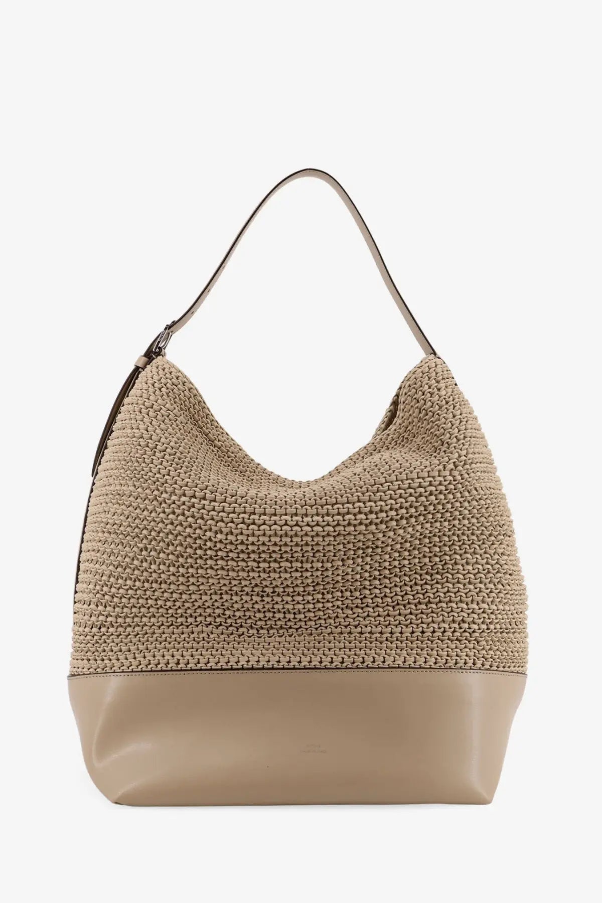 Beige woven straw shoulder bag with smooth leather base and handle by Toteme for women