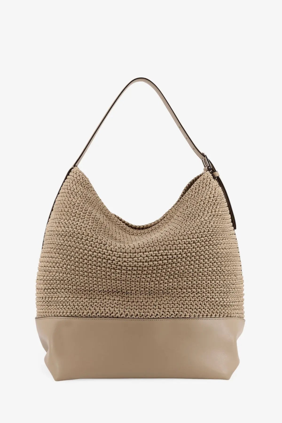 Toteme women’s leather shoulder bag beige featuring a beige woven straw hobo design with smooth leather base and strap
