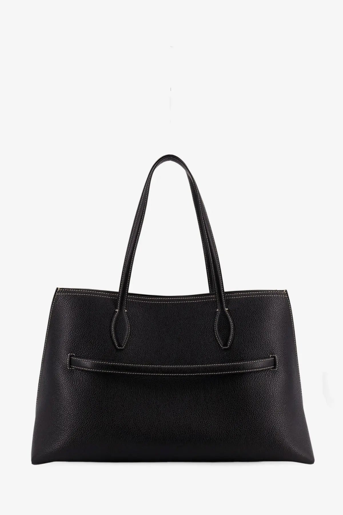 Toteme women’s black leather tote bag featuring pebbled texture white stitching and structured handles