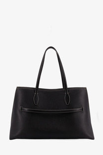Toteme women’s black leather tote bag featuring pebbled texture white stitching and structured handles