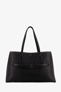 Toteme women’s leather shoulder bag in black pebbled leather with structured shape and contrasting white stitching
