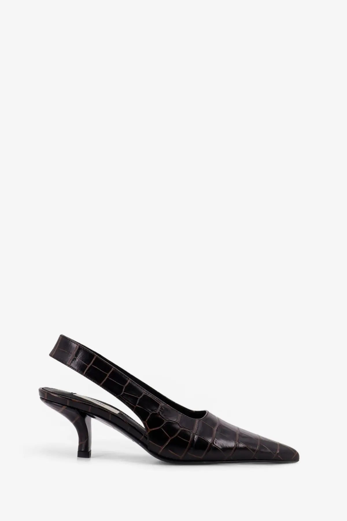 Toteme women’s brown leather slingback pump with black croc-embossed texture and slender heel
