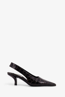 Toteme women’s brown leather slingback pump with black croc-embossed texture and slender heel