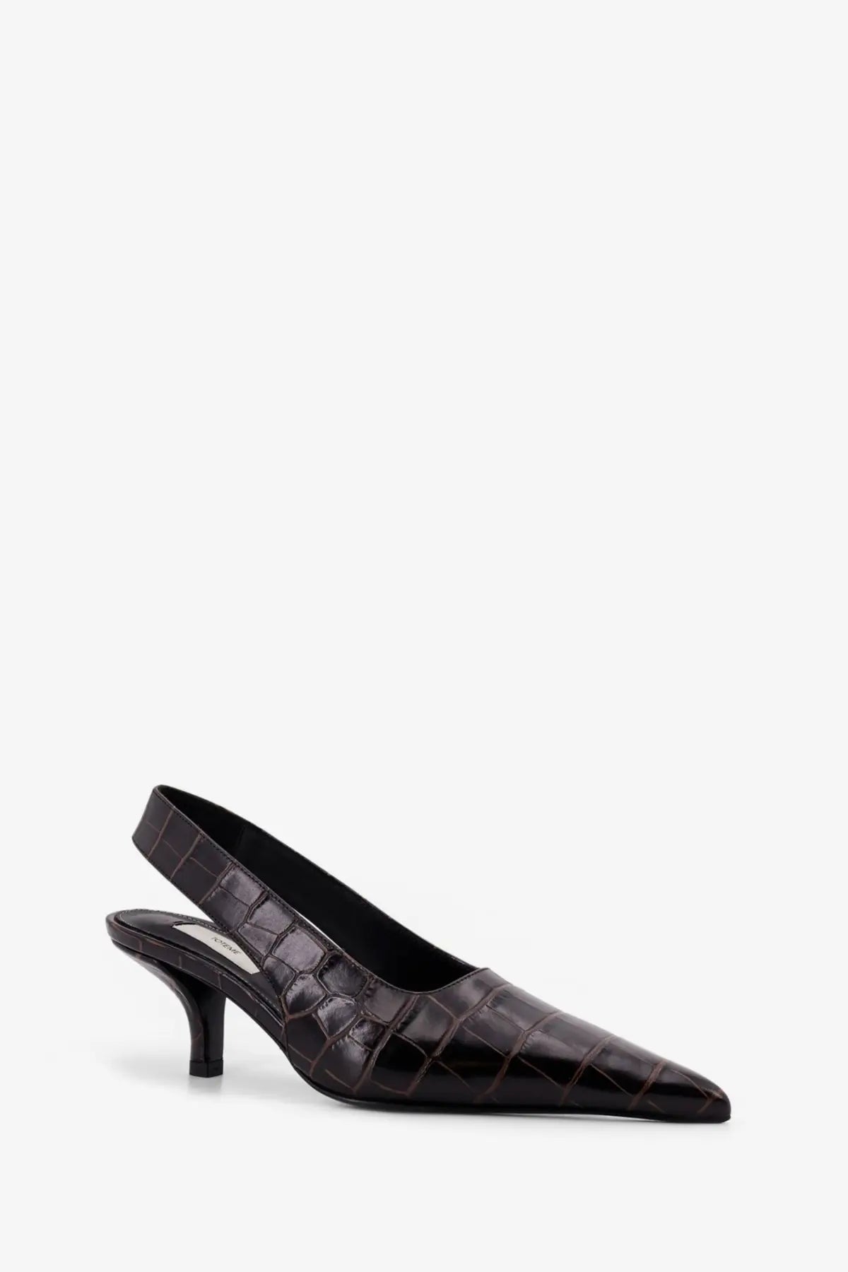 Toteme women’s brown leather slingback pump with black croc-embossed texture and slender heel front view