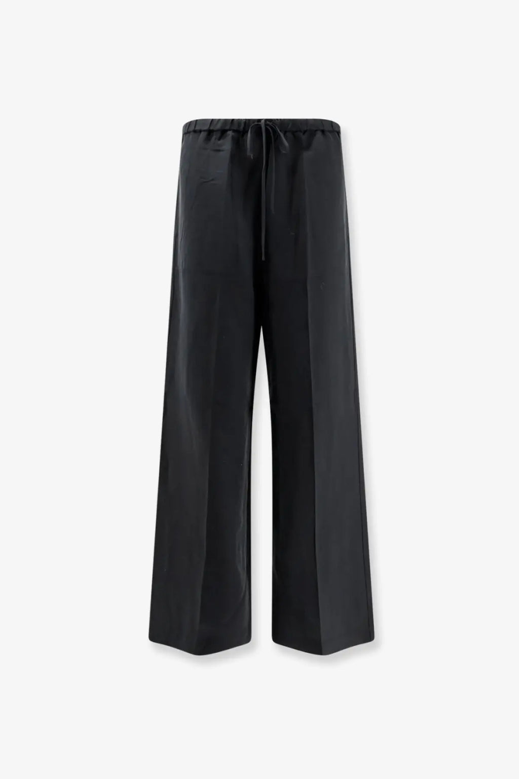 Toteme women’s black wide-leg trousers in linen and lyocell blend with satin finish and drawstring waistband