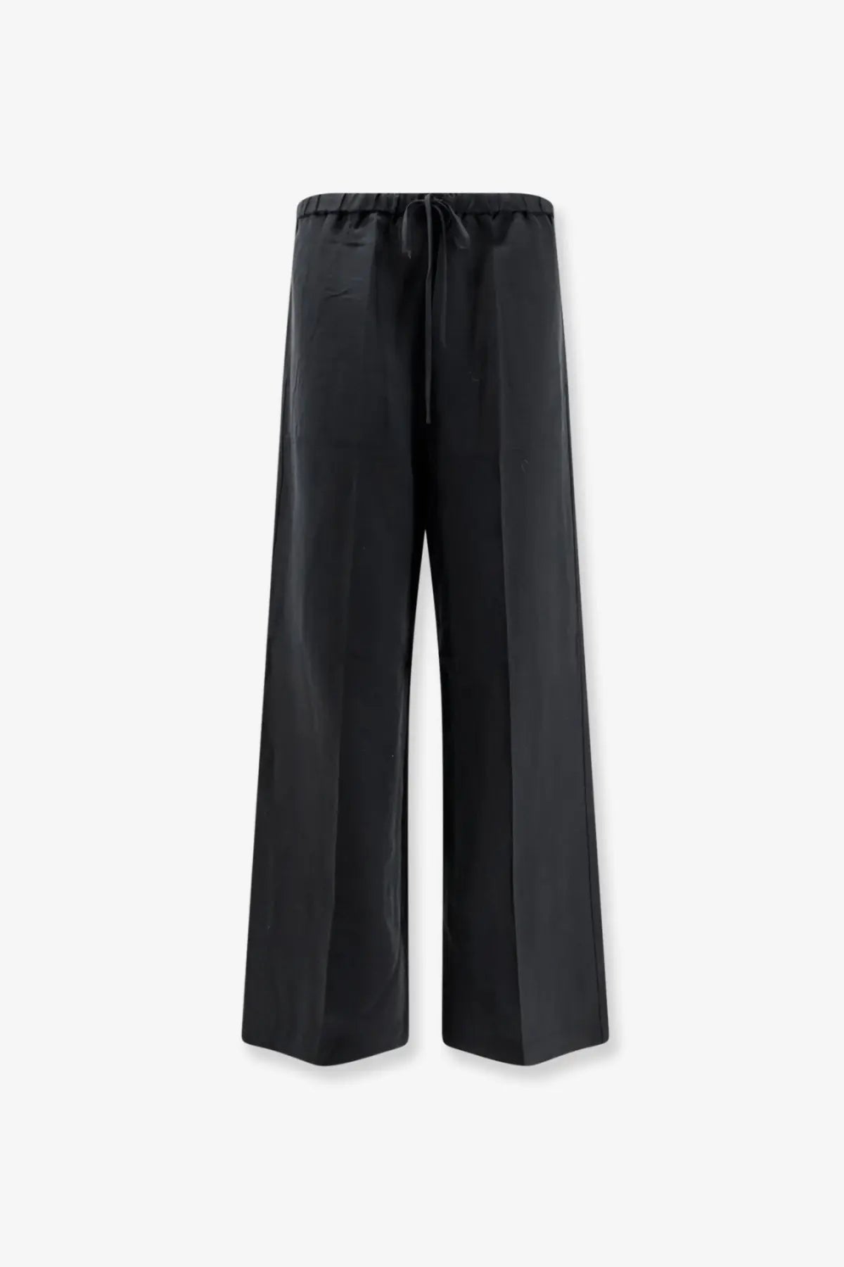 Toteme women’s black wide-leg trousers in linen and lyocell blend with satin finish and drawstring waistband