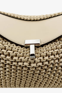 Beige woven leather handbag with silver-tone t-shaped clasp from Toteme womens lock woven leather clutch collection