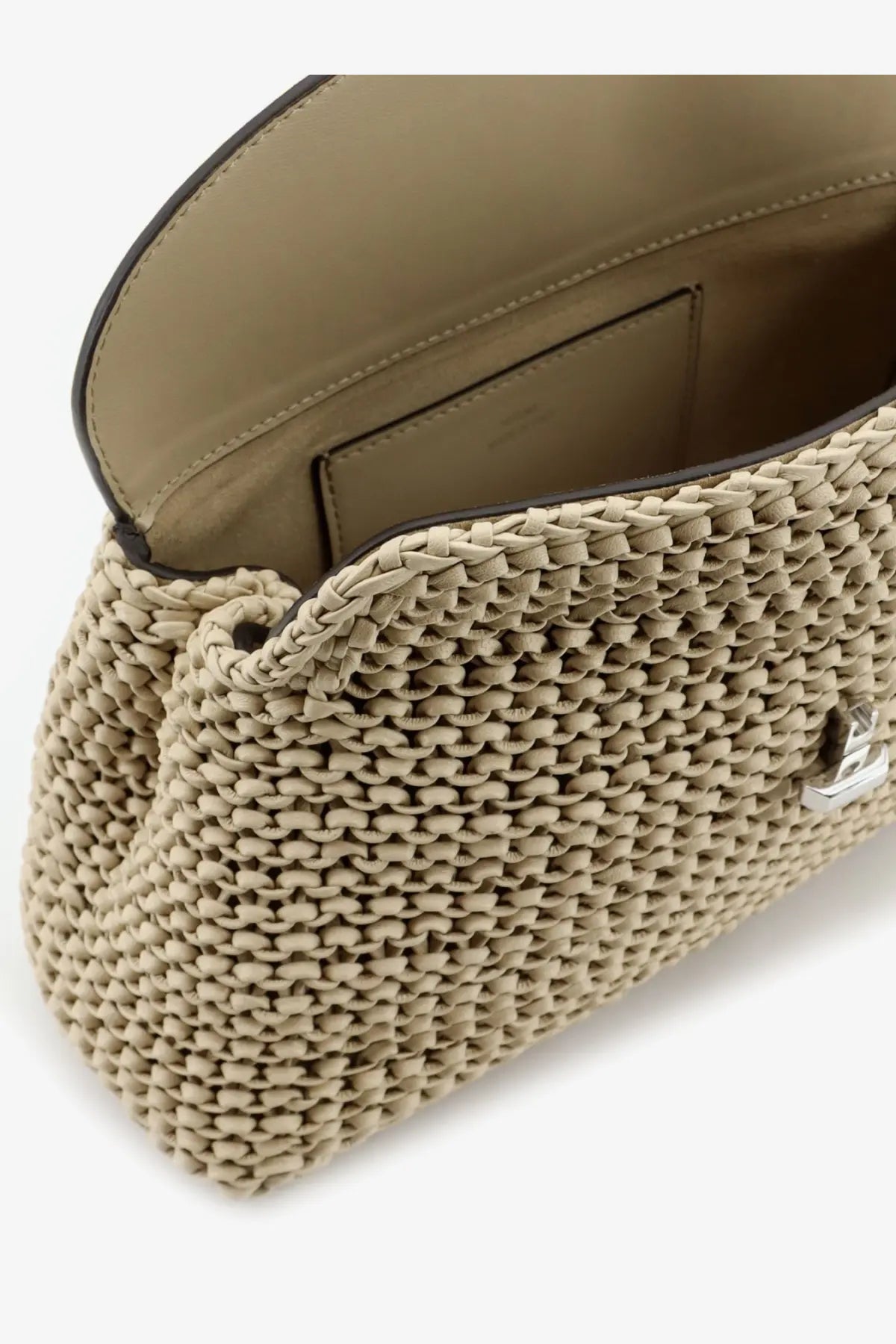 Toteme women’s lock woven leather clutch beige with sleek silver logo clasp and contrasting dark brown trim