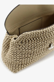 Toteme women’s lock woven leather clutch beige with sleek silver logo clasp and contrasting dark brown trim