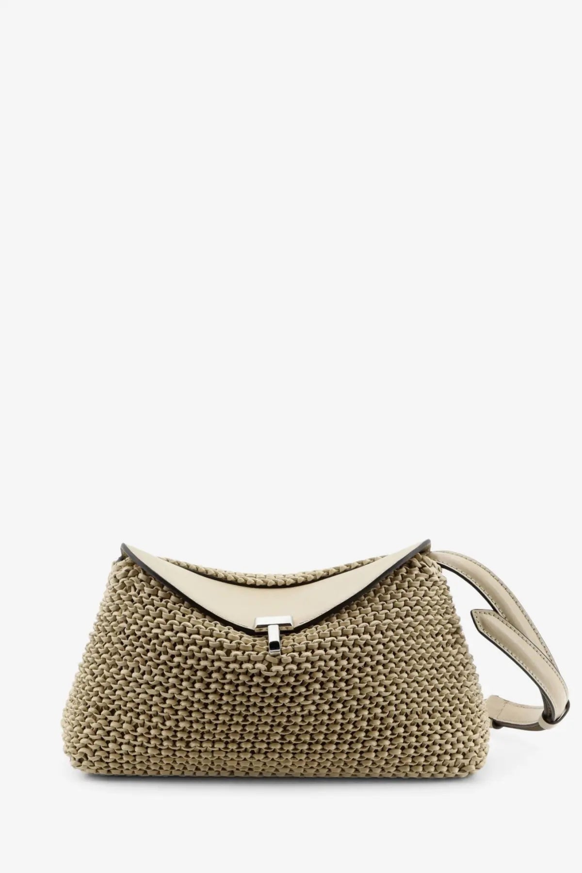 Toteme women’s beige woven leather clutch with silver-tone clasp and matching leather strap handbag