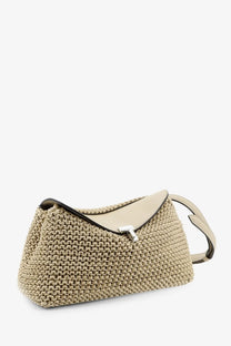 Toteme women’s lock woven leather clutch beige with beige woven straw body, smooth leather flap, and silver-tone clasp