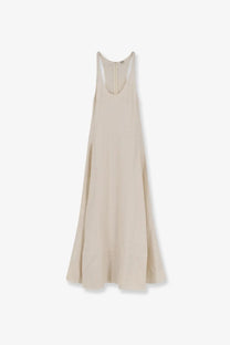 Toteme women’s long white cotton dress with flowing sleeveless silhouette and subtle textured fabric back view