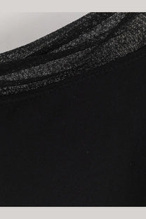 Black mesh fabric with subtle shimmer and fine stitching along the neckline on Toteme women’s long silk dress black