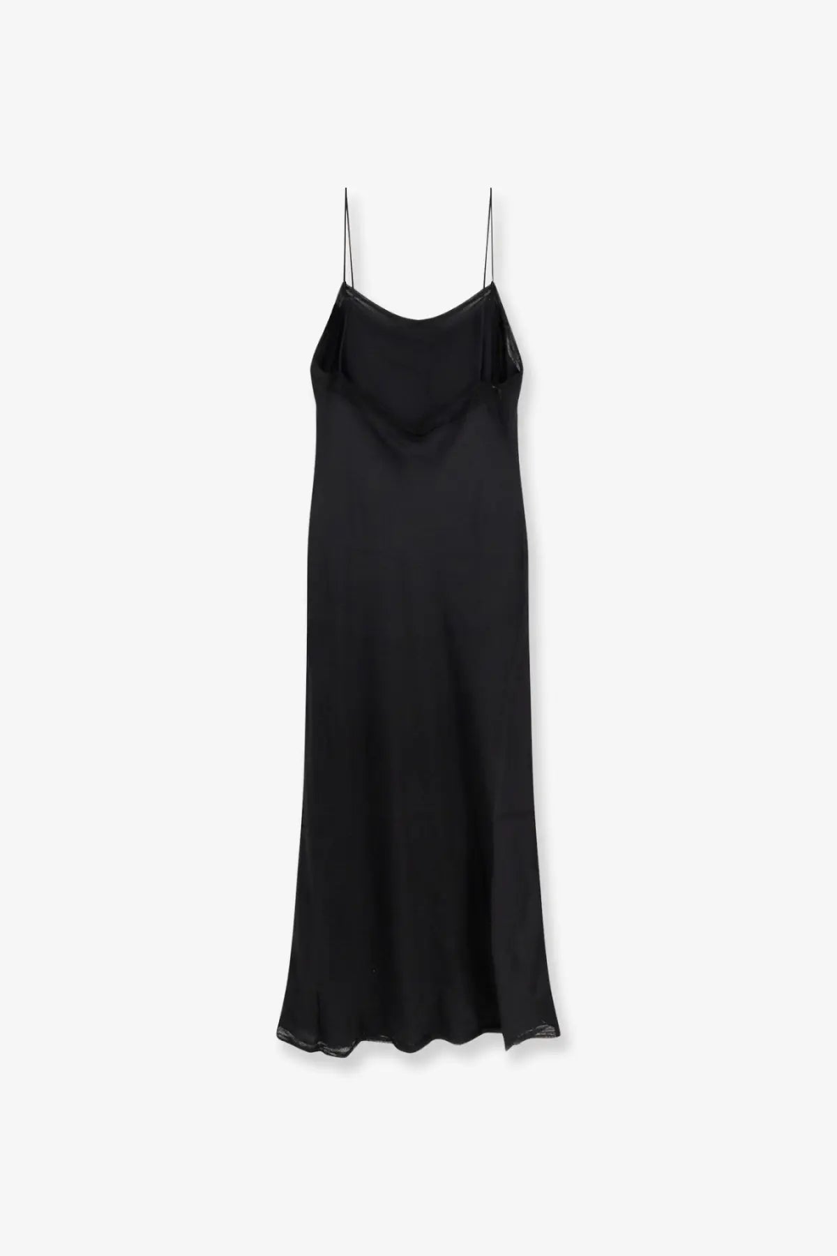 Toteme women’s long black silk dress with thin spaghetti straps and a subtle satin sheen